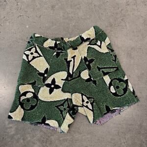 Vintage Y2K Designer Pattern Green White Cut Sew Handmade Lounge Sweat Short M